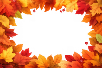 Autumn foliage framing transparent background, vibrant fall leaves border for season marketing and nature themes