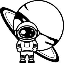 SVG vector illustration of an astronaut silhouette.Cute Astronaut with Space Planets Illustration