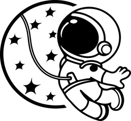 SVG vector illustration of an astronaut silhouette.Astronaut Character Riding a Rocket in Black and White