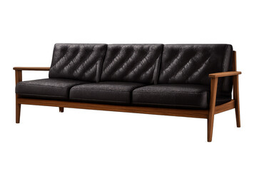 Black leather three-seater sofa with wooden frame displaying mid-century modern design on transparent background