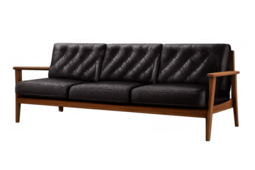 Black leather three-seater sofa with wooden frame displaying mid-century modern design on transparent background