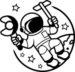 SVG vector illustration of an astronaut silhouette.Astronaut in Meditation Surrounded by Cosmic Space