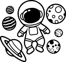 SVG vector illustration of an astronaut silhouette.Cute Astronaut Holding Earth Balloon in Space Art