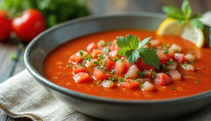 Cold gazpacho soup with diced vegetables like tomatoes and cucumber topped with fresh parsley and lemon slice. Refreshing Spanish tomato dish ideal for summer meals or starters. Served in rustic bowl.
