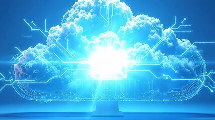 Conceptual cloud computing and email communication with a blue glowing cloud and email icon.