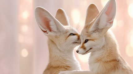 Pair of fennec foxes slow dancing and nuzzling in soft light