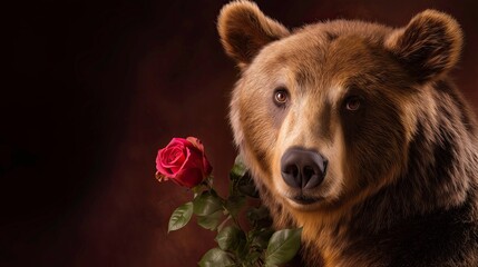 Brown Bear Holding Red Rose on Dark Background for Humorous Valentine’s Day Cards and Animal-Themed Romantic Designs