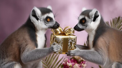 Obraz premium Two lemurs exchanging a golden gift box on a pink background 