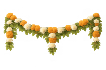 Marigold and chrysanthemum garland decorating for indian festivals, diwali, pujas, weddings, and traditional celebrations