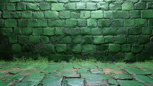 Textured green brick wall with uneven paving and grass growth