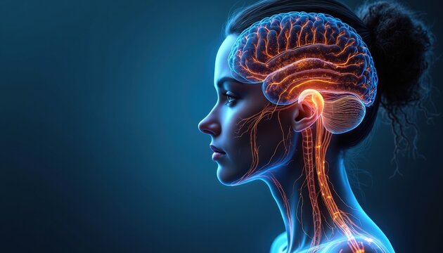 Profile of woman with glowing brain neural pathways. Medical illustration visualizes nerve system activity and head health. Science concept shows mind and body connection for therapy.