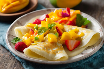 A festive plate of Papua New Guinea sago pancakes served with tropical fruits like mango and papaya.