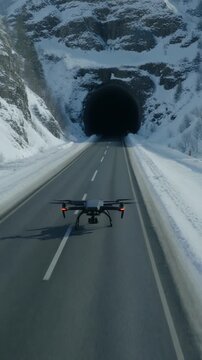 Drone Aerial of Snowy Mountain Highway Approaching Tunnel