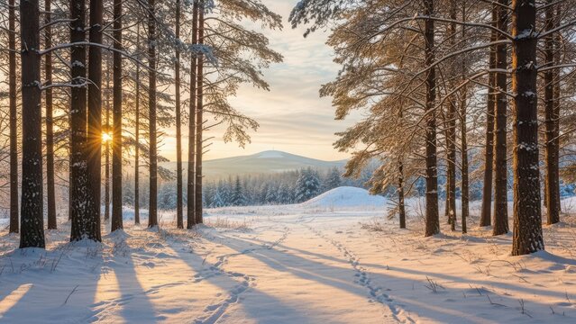 Serene winter wonderland scene with snowy trees and mountains - Powered by Adobe