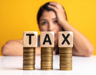Stacks of coins with wooden blocks spelling 'TAX' on top, with an individual working at a desk in the background &ndash; symbolizing digital tax calculations, financial planning, accounting, online taxation