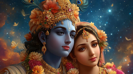Fototapeta premium Starry‑night reverie – Radha resting on Krishna’s shoulder, celestial love beneath glittering cosmos