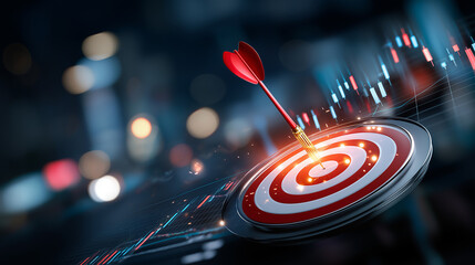 Digital target with bullseye hit by arrow shows accurate profit goal in stock market, candlestick chart shows market trend, futuristic digital display presents business success pla