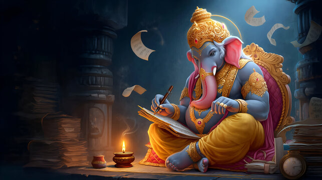 Lord Ganesha composing epic scripture &ndash; elephant‑headed god writing Mahabharata on palm‑leaf manuscript by flickering oil lamp in ancient library