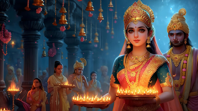 Temple aarti procession &ndash; graceful Indian princess bearing glowing diya thali through incense‑filled hall of hanging brass lamps