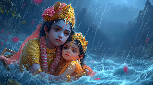 Vasudeva carrying infant Krishna across turbulent Yamuna river during monsoon storm, divine rescue scene