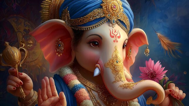 Lord Ganesha blessing devotees &ndash; vibrant elephant‑headed deity raising hand in abhaya mudra, holding pink lotus and ankusa