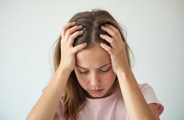 Young woman holds head with hands looking down worried. Female experiences stress or hair loss concern. She touches scalp upset. Sadness and despair visible.