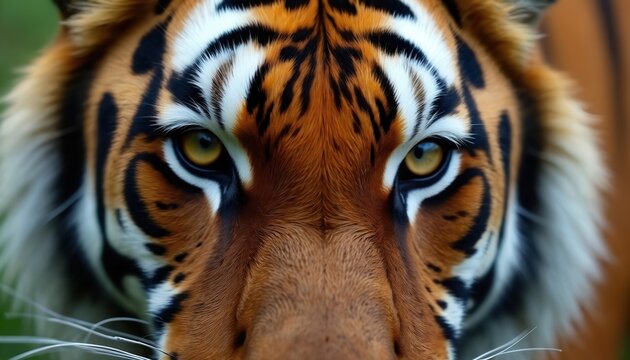 Close view of tiger eyes and face fur. This powerful predator shows striking orange black white stripes. Majestic big cat has intense yellow gaze, wild nature.