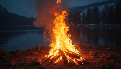 Big bonfire burns on rocky shore near forest lake at night. Smoke rises into dark sky. Orange flames flicker, glow brightly. Firewood logs ignite, smolder slowly. Scenic wilderness setting with calm