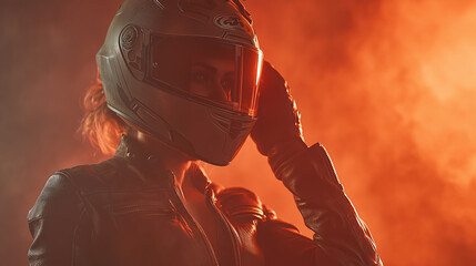 A woman in a motorcycle helmet adjusts her gear amidst a smoky, orange-lit backdrop, exuding confidence and readiness for adventure.