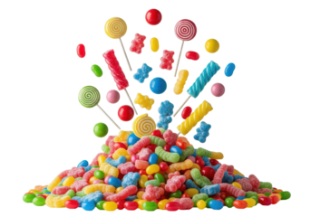 a high-key macro product shot of intensely saturated jelly beans, hard candies, and sugared gummies bursting in a frozen cascade against a transparent cyclorama background. concept for confectionery