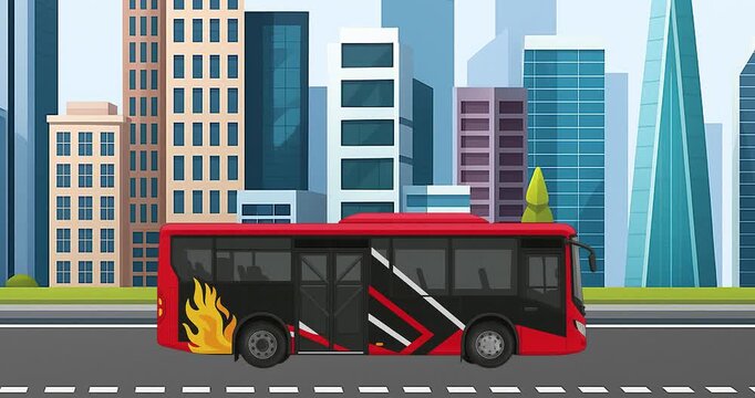 Red city bus on road near buildings. Suitable for urban transport, travel, and city infrastructure concepts in design projects.