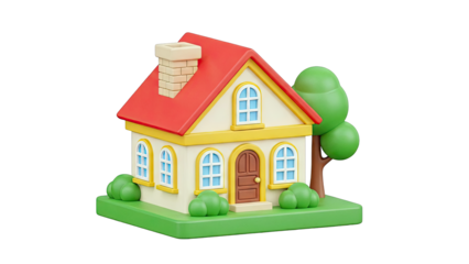 3D Render of a Cartoon House with Red Roof and Green Tree