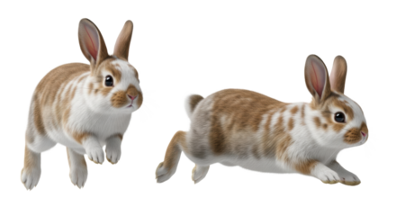 hyper-realistic digital illustration of two adorable mottled light brown juvenile rabbits captured mid-air jump and running on a transparent background, showcasing dynamic spring vitality