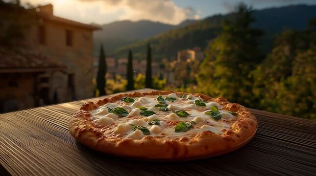 Italian pizza topped with mozzarella and fresh basil leaves