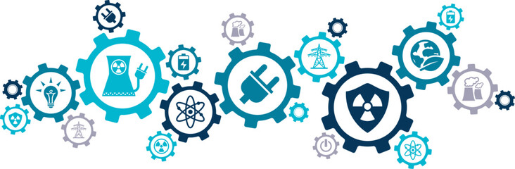 Nuclear energy vector illustration. Blue concept with icons related to nuclear power station, safe electricity generation from radioactivity, industrial power plant.