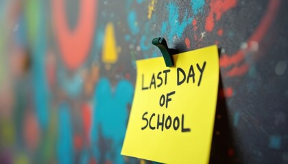 Yellow sticky note reads Last day of school against graffiti wall. Final school day memo signifies end of term, start of summer break and academic year completion.