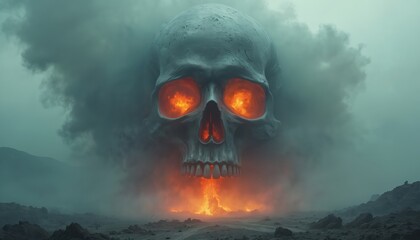 Giant skull emerges from smoke clouds emitting fiery orange light from eye sockets. Flames erupt below in desolate rocky terrain. Mysterious ominous scene.