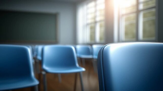 Rows of empty light blue chairs neatly arranged