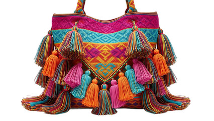 Vibrant handcrafted woven tote bag adorned with a multitude of colorful tassels