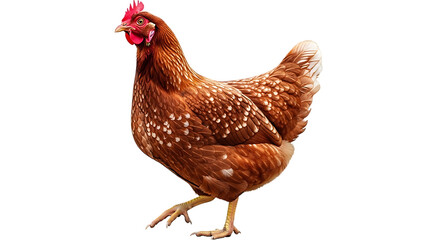 A beautiful brown hen with distinctive white speckled feathers walking gracefully