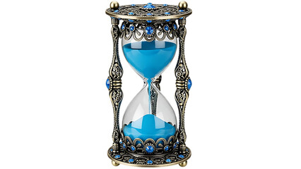 Ornate antique hourglass with vibrant blue sand and sparkling sapphire-like embellishments