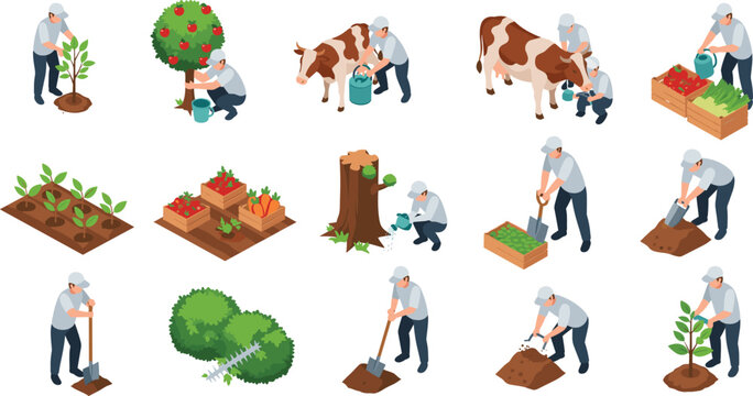 Isometric Vector Set of People Farming and Gardening with Activities like Planting Trees, Milking Cows, Harvesting Vegetables, and Landscaping for Agriculture Industry Design