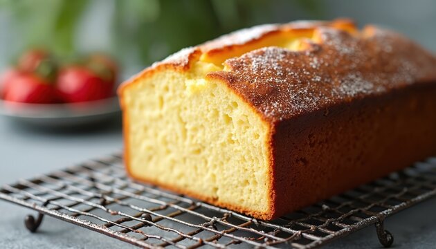 Freshly baked pound cake loaf rests on wire rack. Golden crust dusted with sugar. Ready to be sliced for dessert or snack. Delicious homemade treat.