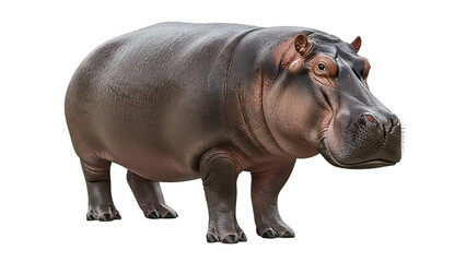 A large adult hippopotamus standing calmly with its powerful body clearly visible against a dark backdrop