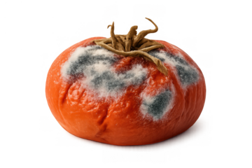 Rotten tomato showing food spoilage, moldy vegetable decay, and food waste concept on transparent background