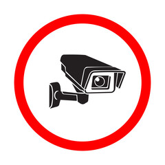 CCTV camera symbol in a circular red sign for surveillance in public spaces and private property