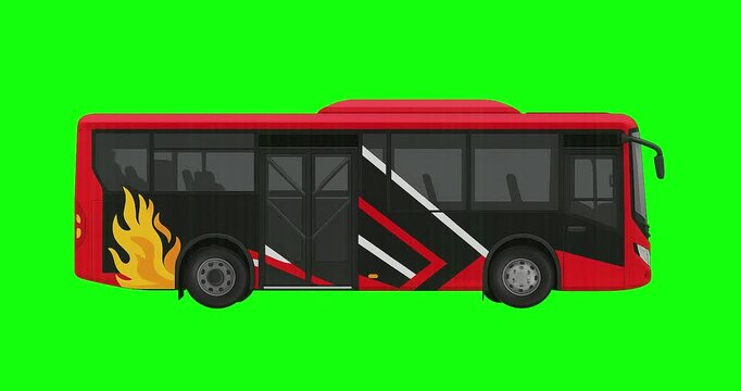 Red and black cartoon bus with artistic fire design backdrop suitable for transportation themed designs, childrens books, travel posters.
