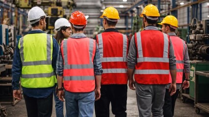 Group of diversity teamwork, engineers, technician and workers team in safety uniform workwear having discussion while walking through heavy industry manufacturing.
- Powered by Adobe