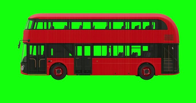 Red double decker bus on green screen suitable for compositing in film or advertisement scenes needing urban transportation elements. Ideal for travel or city projects.