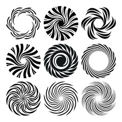 Collection of nine black and white spiral designs with radial patterns